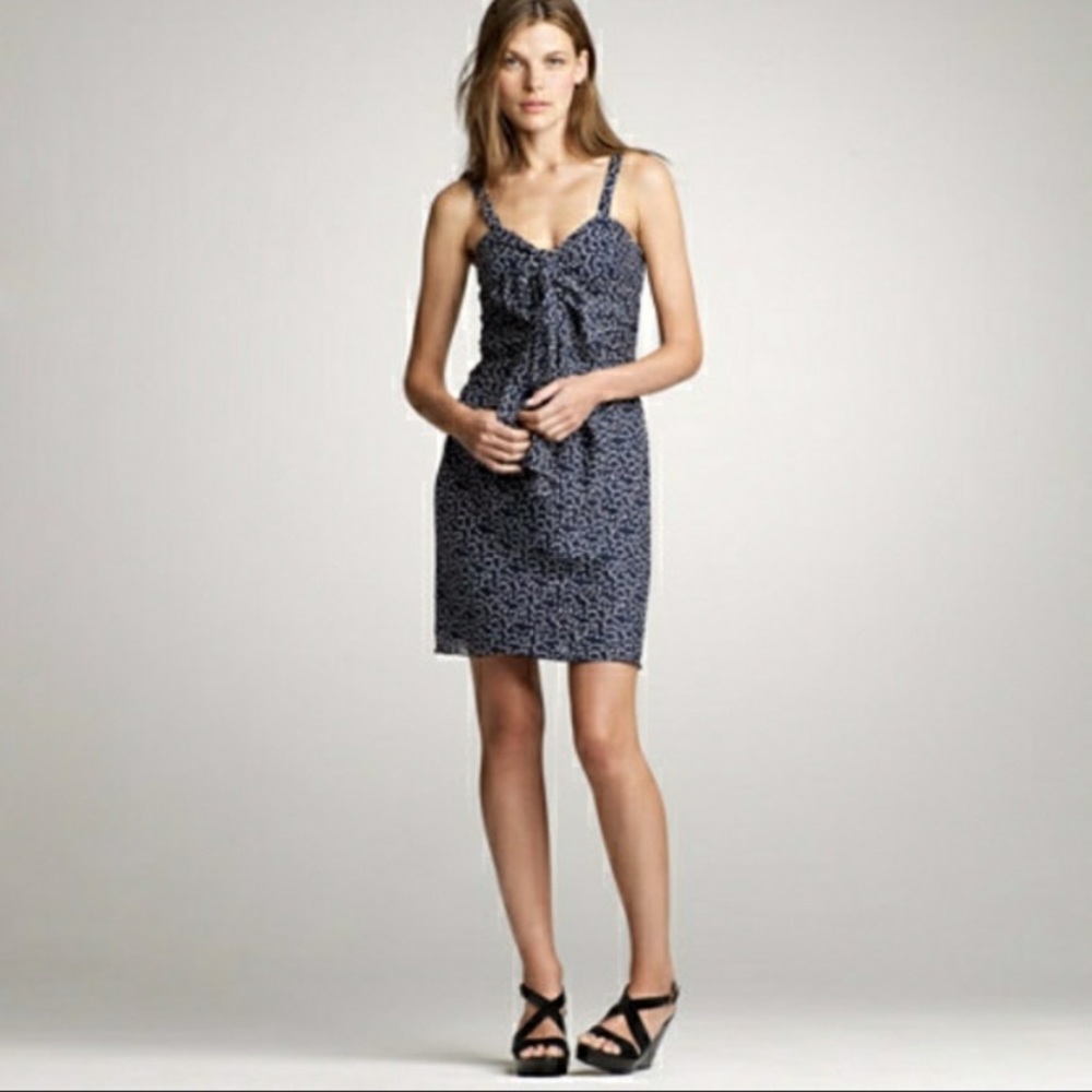 NWT- J Crew Swirling dot Navy Ruffle Dress